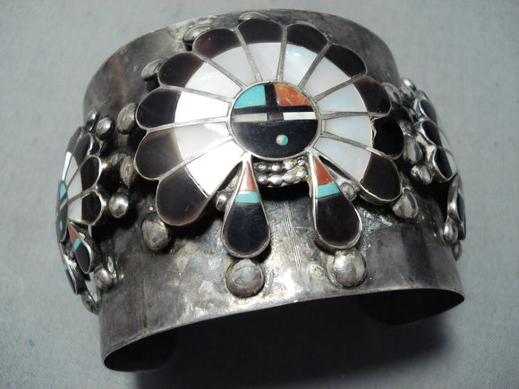 Signed Biggest Vintage Native American Zuni Turquoise Sunface Sterling Silver Bracelet-Nativo Arts