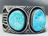 Signed Heavy Thick Double Turquoise Vintage Native American Navajo Sterling Silver Bracelet-Nativo Arts
