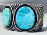Signed Heavy Thick Double Turquoise Vintage Native American Navajo Sterling Silver Bracelet-Nativo Arts