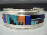 Signed Intricate Vintage Native American Navajo Turquoise Sterling Silver Inlay Bracelet-Nativo Arts