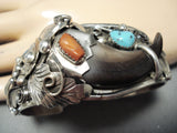 Signed Native American Navajo Turquoise Coral Sterling Silver Leaf Bracelet-Nativo Arts