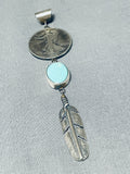 Signed Native American Navajo Turquoise Sterling Silver Coin Feather Pendant-Nativo Arts