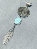 Signed Native American Navajo Turquoise Sterling Silver Coin Feather Pendant-Nativo Arts