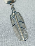 Signed Native American Navajo Turquoise Sterling Silver Coin Feather Pendant-Nativo Arts