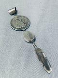 Signed Native American Navajo Turquoise Sterling Silver Coin Feather Pendant-Nativo Arts