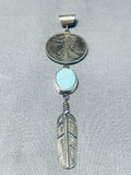 Signed Native American Navajo Turquoise Sterling Silver Coin Feather Pendant-Nativo Arts