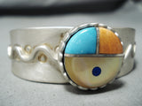 Signed Native American Zuni Turquoise Spiny Oyster Lapis Sterling Silver Sunface Bracelet-Nativo Arts
