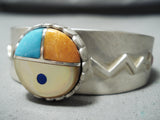 Signed Native American Zuni Turquoise Spiny Oyster Lapis Sterling Silver Sunface Bracelet-Nativo Arts