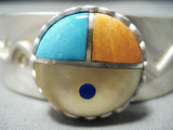 Signed Native American Zuni Turquoise Spiny Oyster Lapis Sterling Silver Sunface Bracelet-Nativo Arts