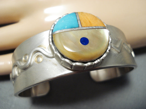 Signed Native American Zuni Turquoise Spiny Oyster Lapis Sterling Silver Sunface Bracelet-Nativo Arts