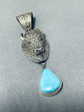 Signed San Felipe Old Kingman Turquoise Sterling Silver Buffalo Pendant-Nativo Arts