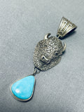 Signed San Felipe Old Kingman Turquoise Sterling Silver Buffalo Pendant-Nativo Arts