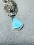 Signed San Felipe Old Kingman Turquoise Sterling Silver Buffalo Pendant-Nativo Arts
