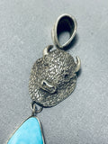 Signed San Felipe Old Kingman Turquoise Sterling Silver Buffalo Pendant-Nativo Arts