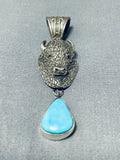 Signed San Felipe Old Kingman Turquoise Sterling Silver Buffalo Pendant-Nativo Arts
