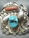 Signed Swirling Silver Works Vintage Native American Navajo Turquoise Leaf Bracelet-Nativo Arts