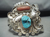 Signed Swirling Silver Works Vintage Native American Navajo Turquoise Leaf Bracelet-Nativo Arts