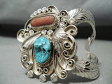 Signed Swirling Silver Works Vintage Native American Navajo Turquoise Leaf Bracelet-Nativo Arts
