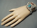 Signed Swirling Silver Works Vintage Native American Navajo Turquoise Leaf Bracelet-Nativo Arts