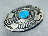 Signed Vintage Native American Navajo Blue Gem Turquoise Sterling Silver Buckle-Nativo Arts