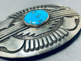 Signed Vintage Native American Navajo Blue Gem Turquoise Sterling Silver Buckle-Nativo Arts