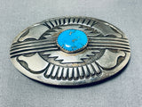 Signed Vintage Native American Navajo Blue Gem Turquoise Sterling Silver Buckle-Nativo Arts