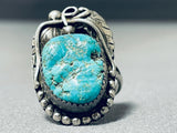 Signed Vintage Native American Navajo Blue Gem Turquoise Sterling Silver Ring-Nativo Arts