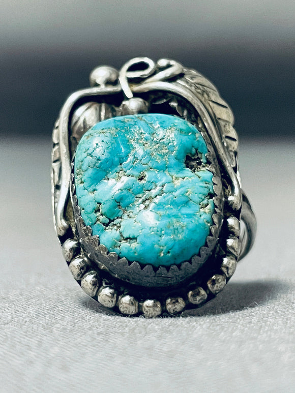 Signed Vintage Native American Navajo Blue Gem Turquoise Sterling Silver Ring-Nativo Arts