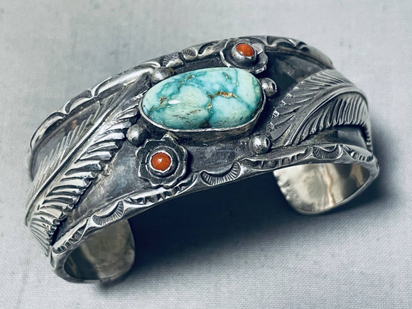 Signed Vintage Native American Navajo Royston Turquoise Coral Sterling Silver Bracelet-Nativo Arts
