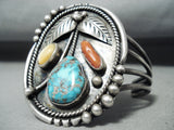 Signed Vintage Quality Native American Navajo Turquoise Coral Sterling Silver Bracelet Old-Nativo Arts