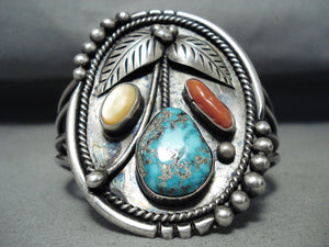 Signed Vintage Quality Native American Navajo Turquoise Coral Sterling Silver Bracelet Old-Nativo Arts