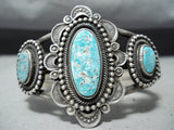 Signed Wallace Vintage Native American Zuni 3 Kingman Turquoise Sterling Silver Bracelet-Nativo Arts