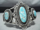 Signed Wallace Vintage Native American Zuni 3 Kingman Turquoise Sterling Silver Bracelet-Nativo Arts