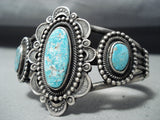 Signed Wallace Vintage Native American Zuni 3 Kingman Turquoise Sterling Silver Bracelet-Nativo Arts