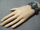 Signed Wallace Vintage Native American Zuni 3 Kingman Turquoise Sterling Silver Bracelet-Nativo Arts
