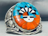Signed Wide Vintage Native American Navajo Turquoise Coral Sterling Silver Bracelet-Nativo Arts
