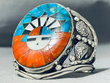 Signed Wide Vintage Native American Navajo Turquoise Coral Sterling Silver Bracelet-Nativo Arts