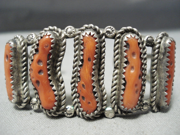 Slender Chunky Coral Rare Vintage Native American Navajo Sterling Silver Bracelet Old-Nativo Arts