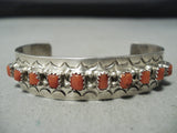 Small Wrist Vintage Native American Navajo Coral Sterling Silver Stamped Bracelet-Nativo Arts