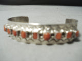 Small Wrist Vintage Native American Navajo Coral Sterling Silver Stamped Bracelet-Nativo Arts