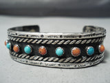 Snake Eyes Vintage Native American Navajo Turquoise Coral Sterling Silver Bracelet Old-Nativo Arts