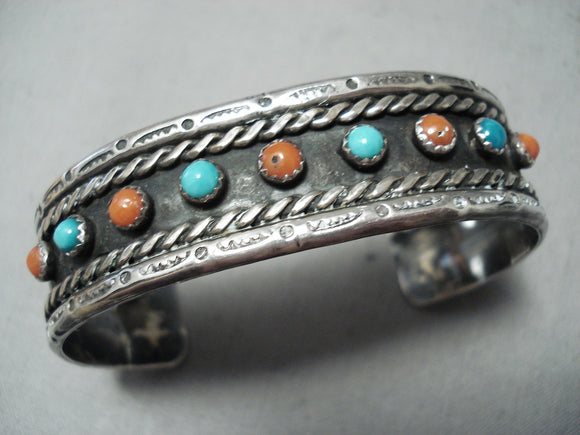 Snake Eyes Vintage Native American Navajo Turquoise Coral Sterling Silver Bracelet Old-Nativo Arts