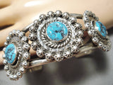 So Detailed!! Vintage Native American Navajo Turquoise Sterling Silver Repoussed Bracelet-Nativo Arts