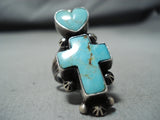 Special Navajo Turquoise Sterling Silver Heart And Cross Ring Native American-Nativo Arts