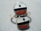 Special Vintage Native American Zuni Coral, Jet, Mother Of Pearl Sterling Silver Ring Old-Nativo Arts