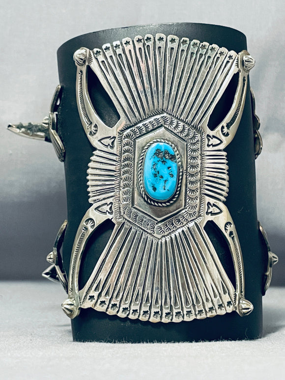 Spectacular Native American Navajo Morenci Turquoise Sterling Silver Bowguard-Nativo Arts