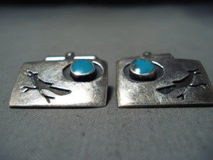 Spectacular Vintage Native American Navajo Pilot Mountain Turquoise Sterling Silver Cuff Links-Nativo Arts