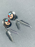 Spectacular Vintage Native American Zuni Turquoise Coral Sterling Silver Sunface Earrings-Nativo Arts