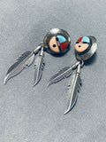 Spectacular Vintage Native American Zuni Turquoise Coral Sterling Silver Sunface Earrings-Nativo Arts