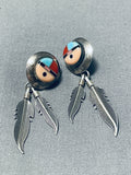 Spectacular Vintage Native American Zuni Turquoise Coral Sterling Silver Sunface Earrings-Nativo Arts